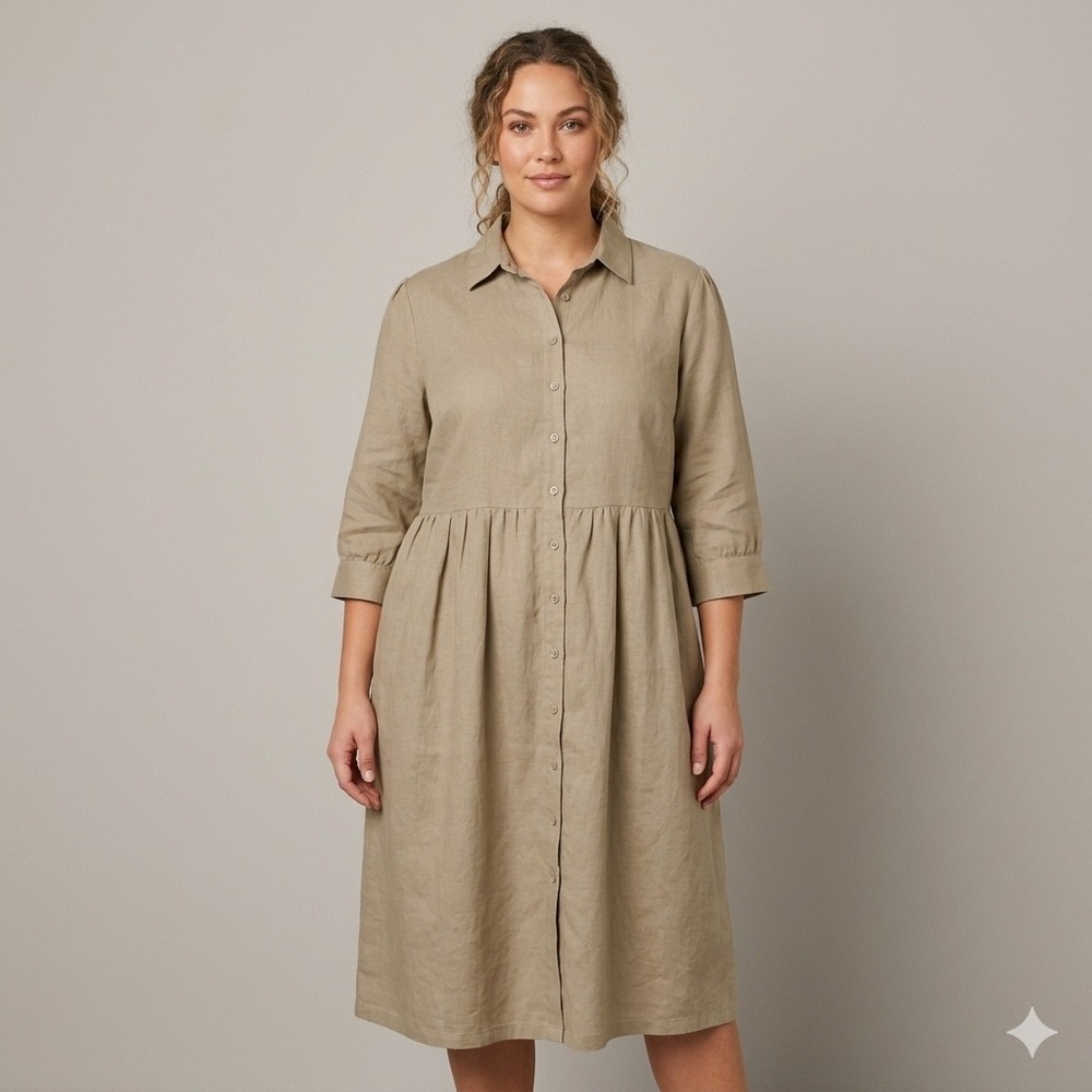 Jessica London Shirt Dress Women 16 Khaki Linen Blend Babydoll Lagenlook Coastal